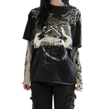  y2k, эстетичный графический принт в стиле гранж, лоскутные футболки с длинными рукавами, одежда в стиле панк, женская футболка в готическом стиле, уличная одежда