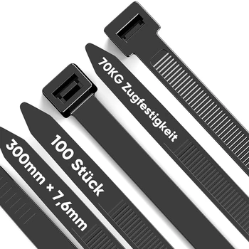 100 упаковок черной кабельной застежки-молнии, прочные пластиковые стяжки толщиной 12 дюймов, 7,6 мм с прочностью на растяжение 70 кг, устойчивые к ультрафиолетовому излучению