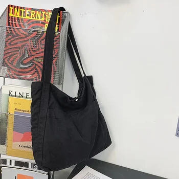  Женская холщовая текстильная минималистичная сумка большой емкости для отдыха Y2K, мягкая ткань, средний размер, ночная Черная сумка для покупок