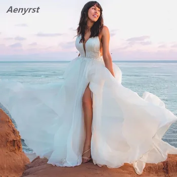  Свадебное платье А-силуэта с V-образным вырезом и открытой спиной длиной до пола в стиле Бохо 2024 Aenyrst