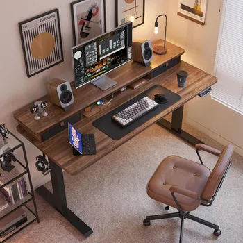  Электрический письменный стол FEZIBO 60 x 24 дюймов с 2 выдвижными ящиками, регулируемая по высоте подставка для хранения, черная рамка/черный орех