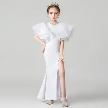  Детское платье нового стиля Белая модель с разрезом Платье для выступлений на подиуме Платье для дня рождения для девочек с рыбьим хвостом Детское вечернее платье