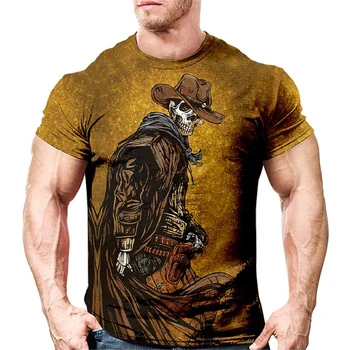  Мужская футболка в стиле ретро с черепом, футболка оверсайз, свободный повседневный топ, западный джинсовый 3D принт, уличная одежда унисекс с круглым вырезом