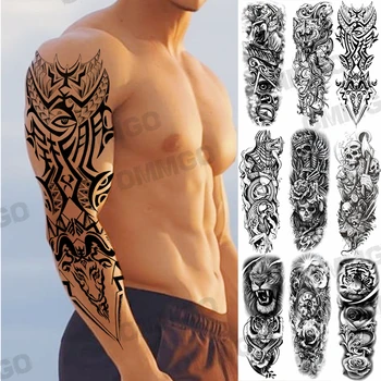  Временные татуировки с Черным Индийским Тотемом Для взрослых мужчин, Реалистичный Волчий Череп, Татуировка в виде цветка Тигра, Татуировка на руке, перенесенная водой