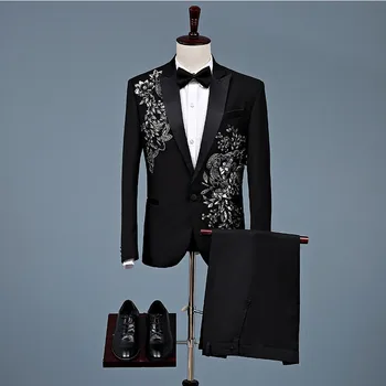  Черный мужской костюм для особых случаев, смокинг для жениха на свадебную вечеринку, комплект из 2 предметов, мужской костюм, куртки, брюки, подарочный бант