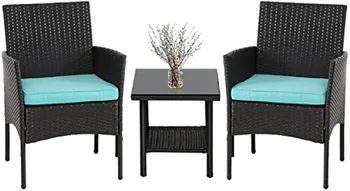 FDW Комплект уличной мебели из 3 предметов, плетеные стулья для патио, мебель для бистро, набор для бесед, 2 кресла из ротанга с синими подушками и