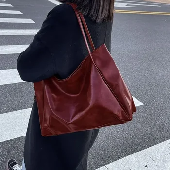  MBTI Винтажная красная женская сумка-тоут, спортивная Повседневная модная кожаная сумка большой емкости, сумка для покупок, Harajuku, простая сумка-мешок