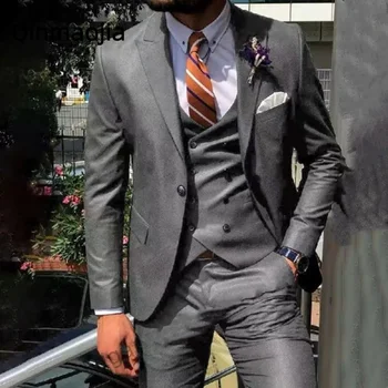  Деловая темно-синяя мужская одежда, Костюмы для мужчин, приталенный крой, лацканы, Комплекты из 3 предметов, Офисный мужской официальный костюм