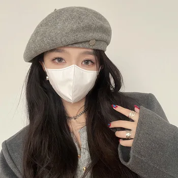  Металлический стандартный шерстяной берет с большой головкой, осенне-зимний женский тренд в корейском стиле, маленькая теплая шапочка художника