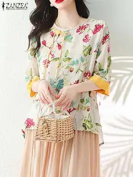  ZANZEA 2023 Летний Топ в китайском стиле Женская блузка с цветочным принтом Модная рубашка с круглым вырезом Повседневная Свободная Богемная туника с коротким рукавом